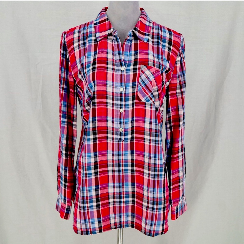 Talbots Button down long sleeve Pink Blue Madras Plaid Cotton size small